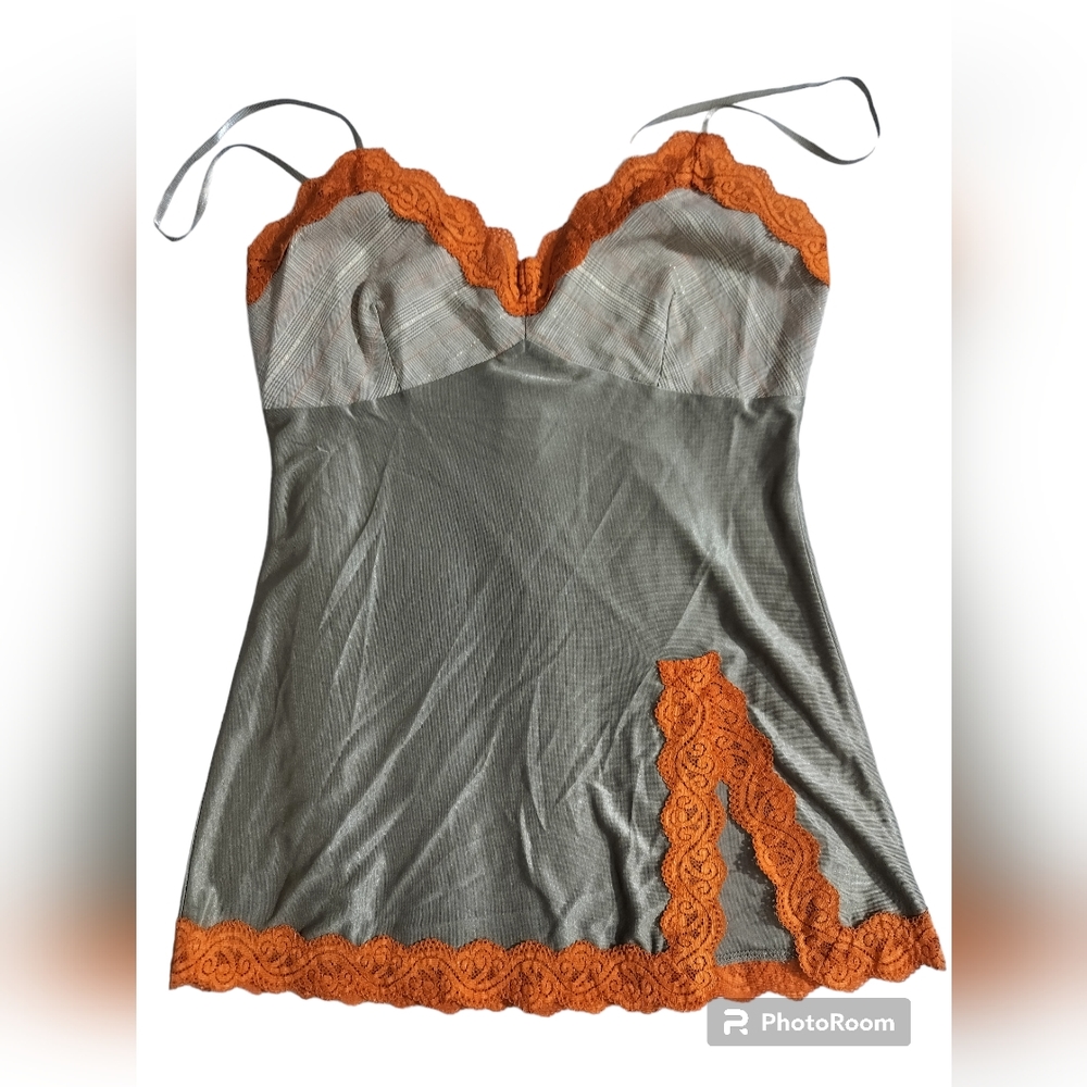 Anissette vintage sexy slip dress olive green orange lingerie size M